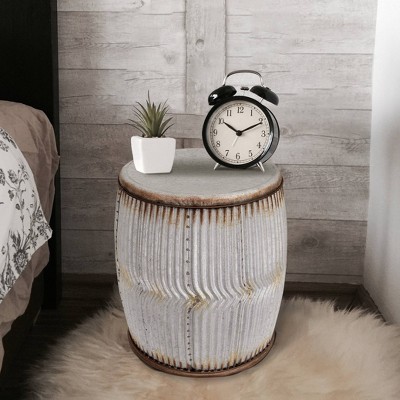 Rustic Round Metal Barrel Side Table with Storage, 17.5" High