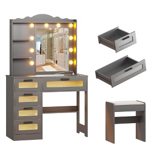Fredees Vanity Desk with Mirror and Lights, Vanity Dressing Table with 5 Drawers and Cushioned Stool, Makeup Vanity Set with Charging Station - 1 of 4