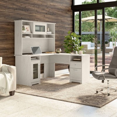 Linen White Oak L-Shaped Desk with Hutch and USB Hub