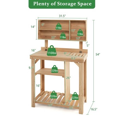 Natural Fir Wood Garden Potting Bench with Storage Shelves