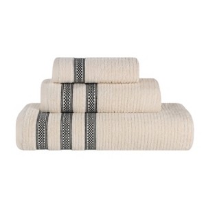 Zero Twist Cotton Ribbed Modern Geometric Border Assorted 3 Piece Bathroom Towel Set by Blue Nile Mills - 1 of 4