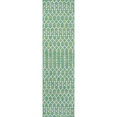 Green and Ivory Geometric Flat Woven Runner Rug