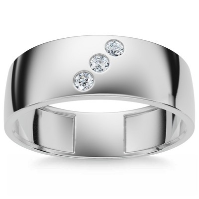 Pompeii3 Mens Three Stone Diamond Ring 10k White Gold High Polished 7mm