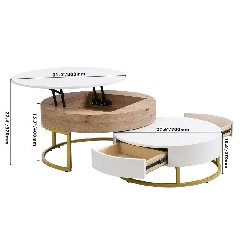 Modern Round Nesting Coffee Table, Lift-top Cocktail Table with 2 Drawers-ModernLuxe, 4 of 15