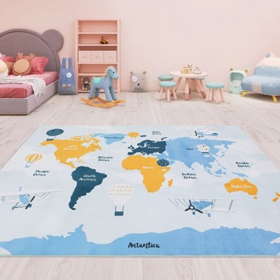 Educational Kids Area Rug for Playroom, 5x7 Printed World Map Carpet Non-Slip Low-Plie Colorful Play Mat, for Classroom Nursery Room Bedroom