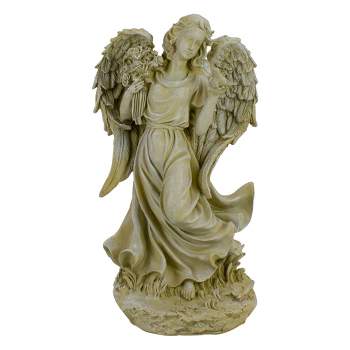 Northlight 18" Weathered Angel with Bird and Bouquet Outdoor Patio Garden Statue - Almond Brown