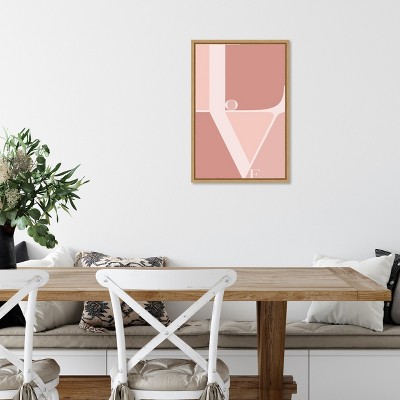 Pink and White Love Typography Canvas Wall Art with Natural Frame