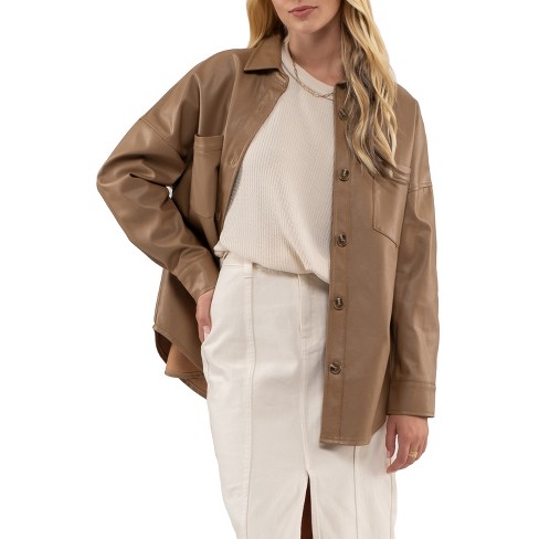 August Sky Women's Faux Leather Oversized Button Up Shacket (camel L ...