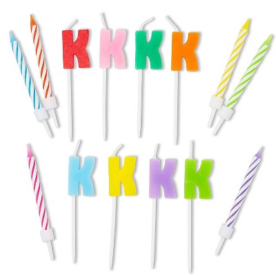 Blue Panda 96-Piece Letter K and Colored Stripes Birthday Cake Candles Set with Holders for Party Decorations