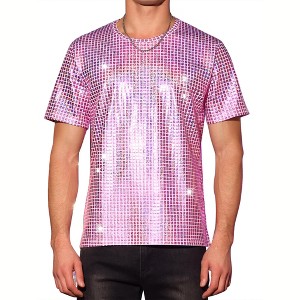 Lars Amadeus Men's Round Neck Short Sleeves Nightclub Party Metallic T-Shirt - 1 of 4