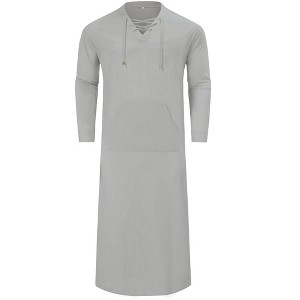 Clearlove Men's Long Sleeve Kaftan Thobe Robe Linen Cotton Blend Side Slit Lounge Shirt with Pockets Relaxation Wear - 1 of 4