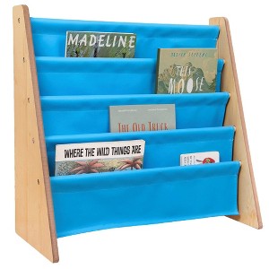 WildKin Vegan Leather Kids' Original Sling Bookshelf Natural Wood with Blue: 4 Shelves, MDF Frame, Ages 3-10, 24" Height - 1 of 4