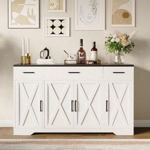 Garvee 55 Inch Buffet Cabinet with Drawers Large Wood Storage Sideboard Adjustable Shelves Whitewashed Finish, Black - 1 of 4