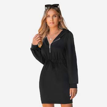 Women's Onyx Half-Zip Hooded Sweatshirt Dress - Cupshe