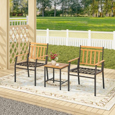 Acacia Wood and Metal 3-Piece Patio Set with Off-White Cushions