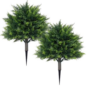 Set of 2 Artificial Cedar Topiary Trees with Ground Spikes - Realistic UV Resistant PE Greenery for Indoor Outdoor Decor, Garden, Porch, Patio - 1 of 4