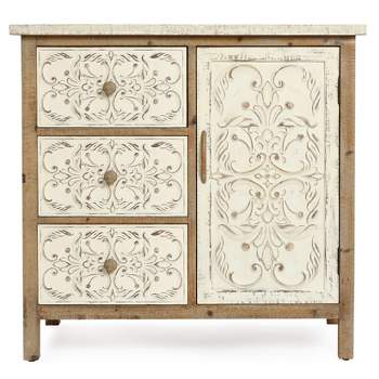 LuxenHome Rustic Floral Wood Floral 3-Drawer 1-Door Storage Chest and Cabinet. Brown