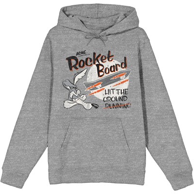 Looney Tunes Wile E. Coyote Rocket Board Men's Heather Grey Graphic Hoodie-