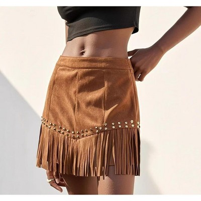 Women's Fringe Mini Skirt with Studs Denim A-Line Short Skirt Casual Boho Beach Party Skirt