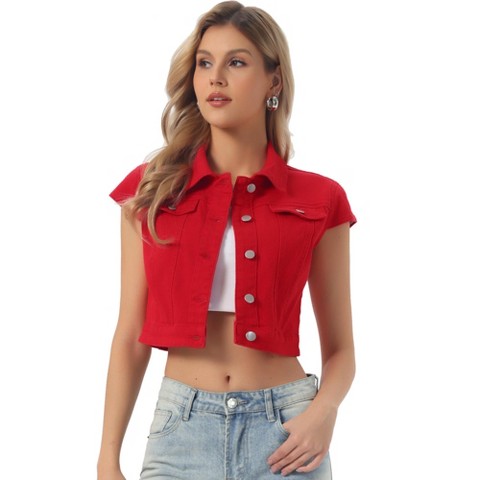 INSPIRE CHIC Women's Summer Denim Button Down Short Sleeve Cropped Jean Jackets Medium Red
