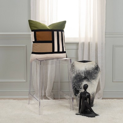 20"x20" Dark Green and Beige Cotton Color Block Square Throw Pillow