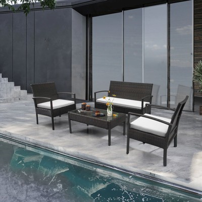 Brown 4-Piece Wicker Patio Conversation Set with White Cushions