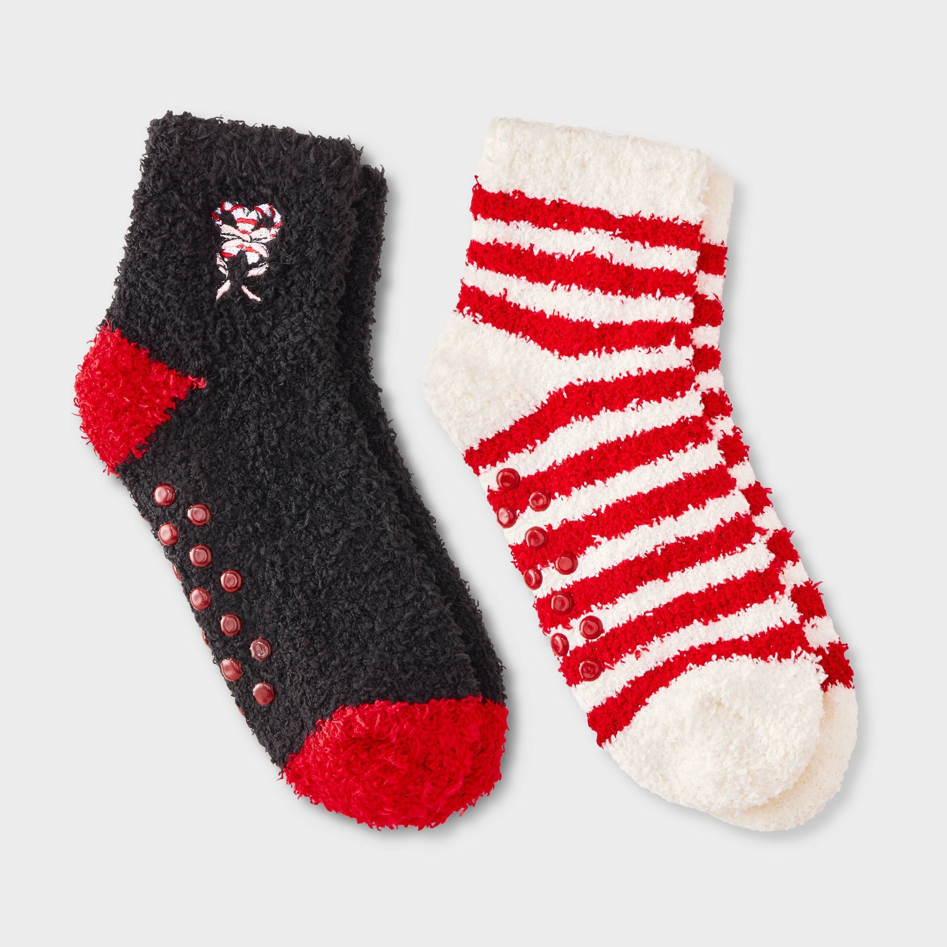 Kid's Embroidered Candy Canes Christmas 2pk Cozy Ankle Socks with Grippers - Black/Ivory/Red 2-5