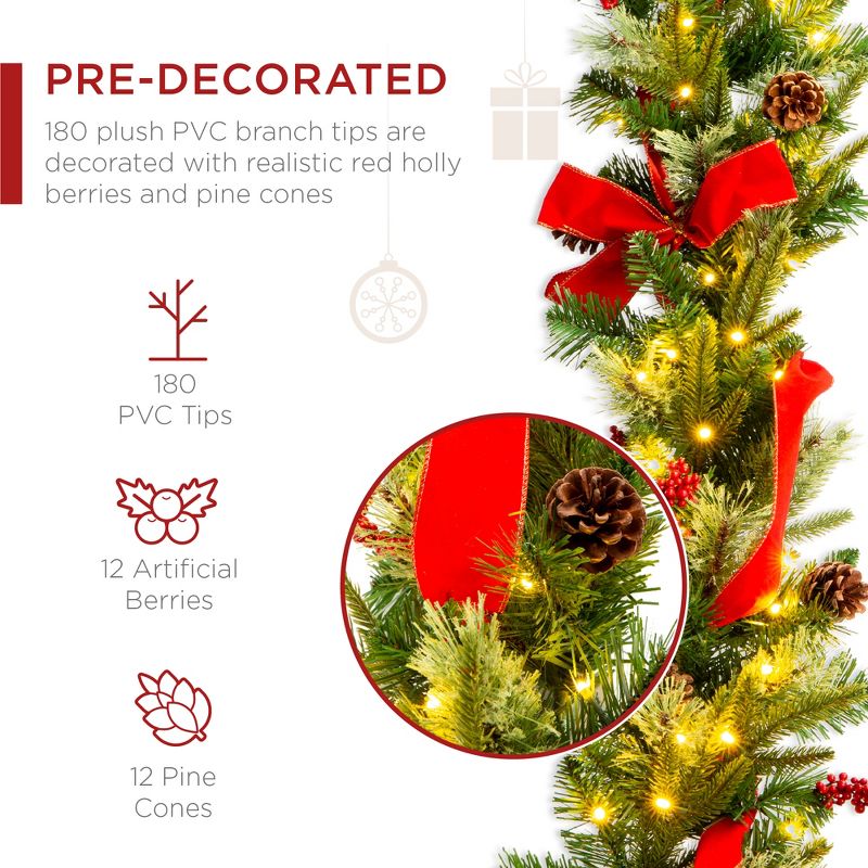 Best Choice Products 9ft Pre-Lit Christmas Garland, Battery Powered Decoration w/ 100 Lights, 180 Tips, Pine Cones, 3 of 8