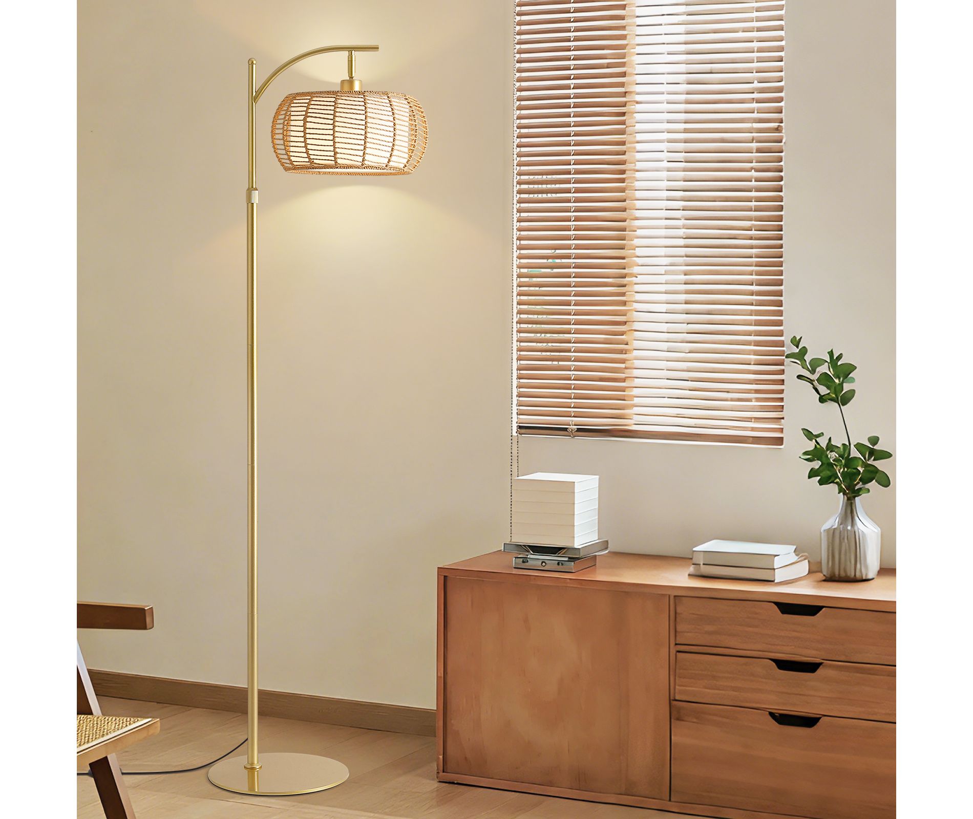 Gold Floor Lamp with Handwoven Rattan Shade 70" Tall Adjustable Height Standing Lamp Modern Boho Tall Floor Light for Living Room Bedroom