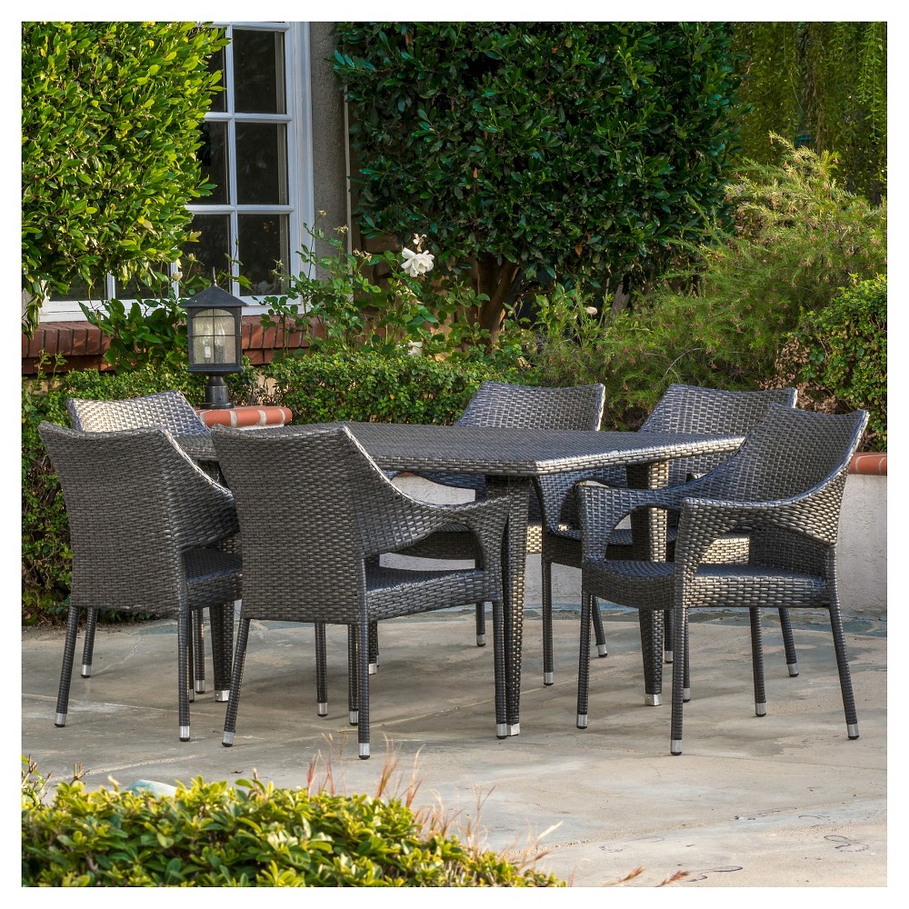 Photos - Garden Furniture Cliff 7pc Wicker Patio Dining Set - Gray - Christopher Knight Home
