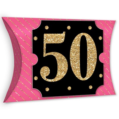 Big Dot of Happiness Chic 50th Birthday - Pink, Black, and Gold - Favor Gift Boxes - Birthday Party Large Pillow Boxes - Set of 12