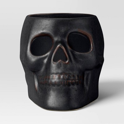 4.12"x6.12" Small Patina Pillar Ceramic Skull Candle Holder Black - Threshold™