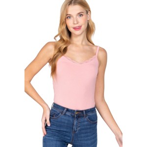 Slickblue Heavy Rib Cami Bodysuit, Lace Detail, Stretchy Fit, Pink, Sleeveless, Stylish Top, Size S-M-L - 1 of 4