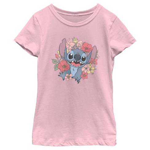 Girl's Lilo & Stitch Floral Distressed Stitch T-shirt - Light Pink ...