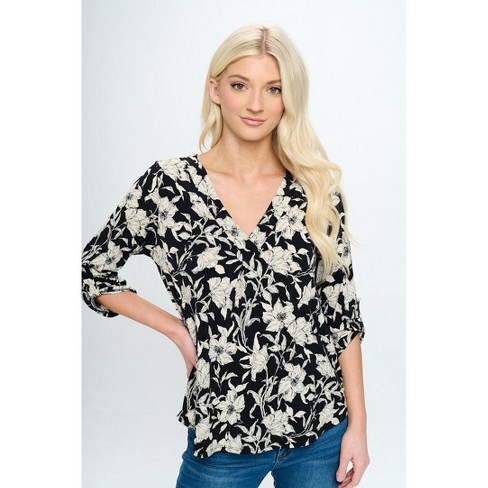 West K Women's Hollie Roll-tab Knit Blouse - Xlarge - Black Floral : Target