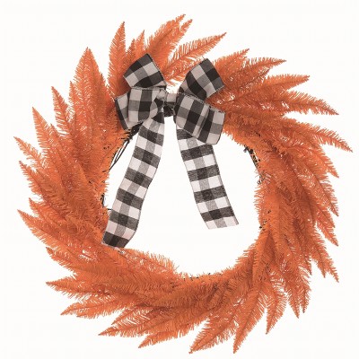 Transpac Floral Orange Halloween Wreath with Buffalo Checker Bow