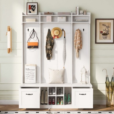Sapphtopaz 58.8" Hall Tree with 7 Sturdy Hooks&Drawers,5-in-1 Entryway Bench with Coat Rack&Adjustable Shelves,Shoe Cabinet for Entryway,Hallway