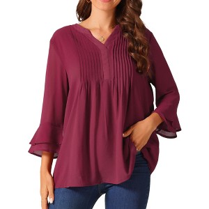 Seta T Women's V Neck Solid Pintuck Double Ruffle 3/4 Sleeve Lightweight Casual Top - 1 of 4