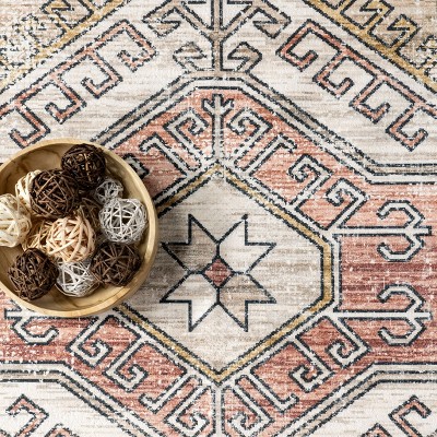 Peach Tribal Motif Easy-Care Rectangular Synthetic Rug, 2' x 3'