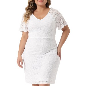 Agnes Orinda Women's Plus Size Elegant Floral Lace Bateau V Neck Short Sleeves Bodycon Dresses - 1 of 4