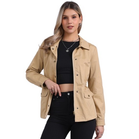 Женские куртки INSPIRE CHIC Women's Drawstring Waist Flap Pockets Lightweight Utility Jacket Dust Khaki Large