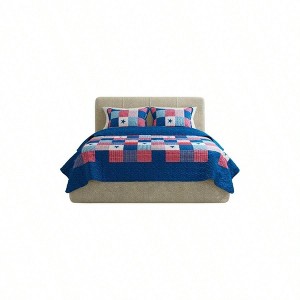 3 - Piece Patriotic Quilt Set - Microfiber Americana Stars and Plaid Patchwork Bedding - King Bed Spread with 2 Pillow Shams By - 1 of 4