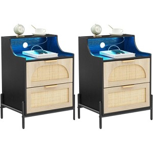 Rattan Nightstand with Charging Station & LED Light, Black Modern Bedside Table with 2 Drawers, Boho Bedside Table Set for Bedroom - 1 of 4