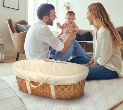 Elegant Natural Ecru Woven Moses Basket with Comfort Liner and Foam Pad