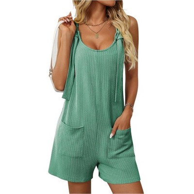 Women's Summer Casual Sleeveless Rompers Scoop Neck Striped Bib Shorts Jumpsuit Beach Overalls Vacation Outfit Clothes