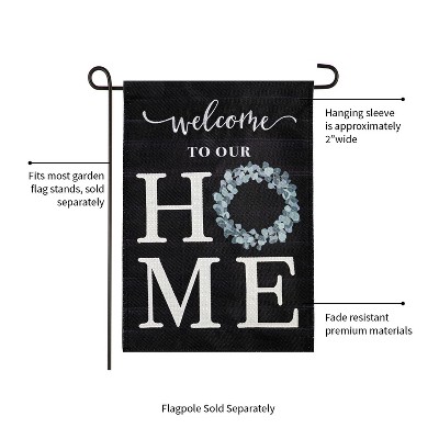 Black Burlap Welcome Garden Flag with Eucalyptus Wreath