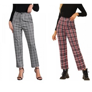 INSPIRE CHIC Women's Plaid Tartan High Waisted Button Casual Pants 2 Packs - 1 of 4