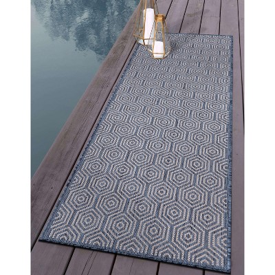 Blue Geometric Flat Woven Synthetic Runner Rug 2'x7'