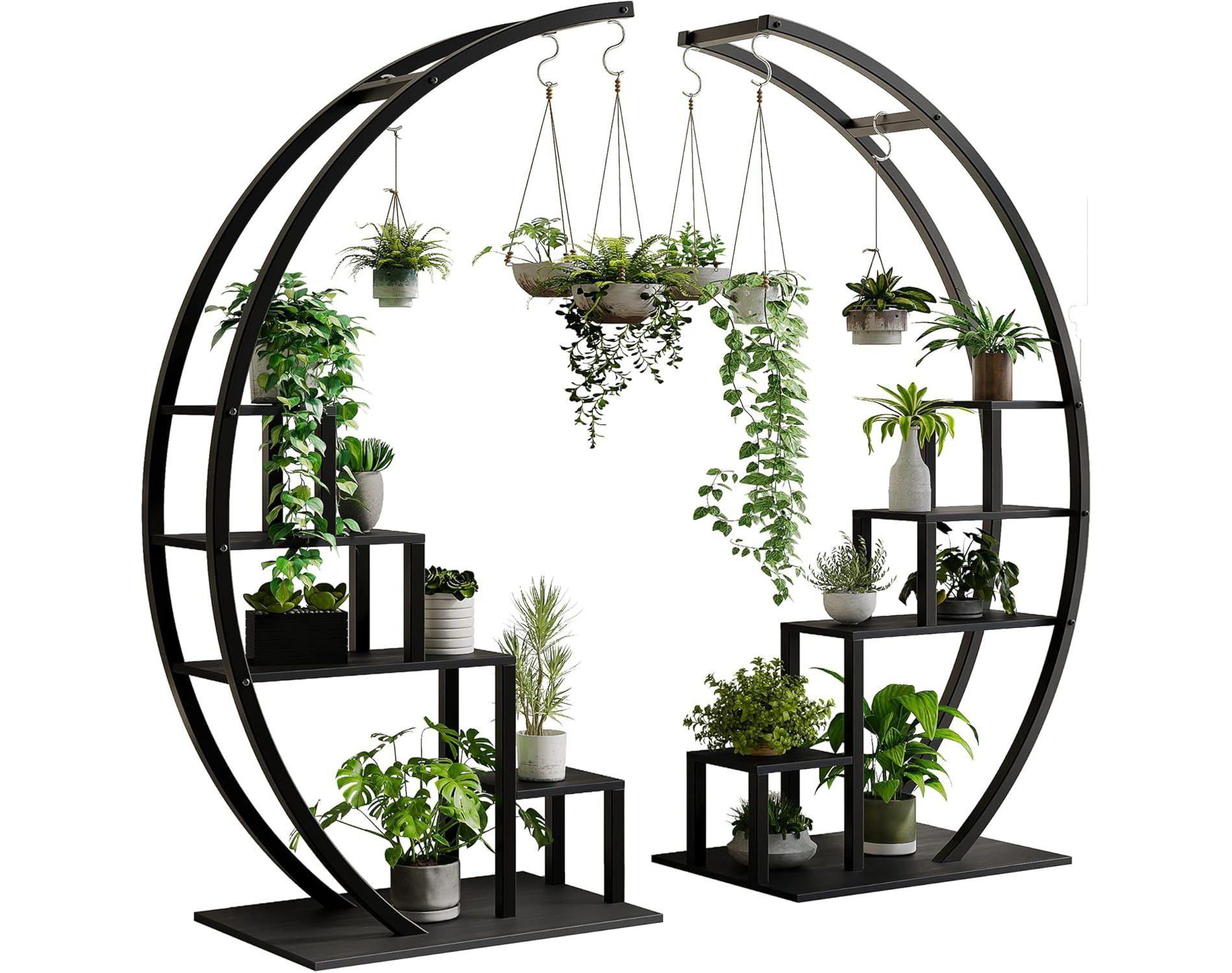 Acekool 5-Tier Half Moon Plant Stand, 2-Pack Tall Metal Plant Shelf with Hooks, Space-Saving Indoor Flower Rack for Living Room, Balcony, Black