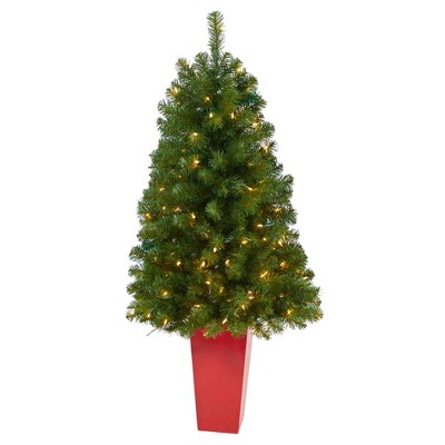 Nearly Natural 4.5-ft Virginia Fir Artificial Christmas Tree with 100 Clear Lights and 223 Bendable Branches in Red Planter